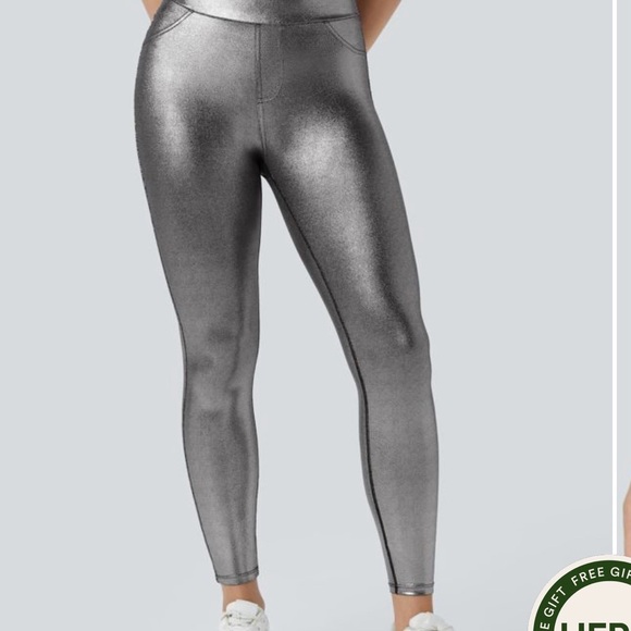 HALARA Softzero, FAUX LEATHER; METALLIC SILVER High-waist leggings; , sz M; - Picture 3 of 5